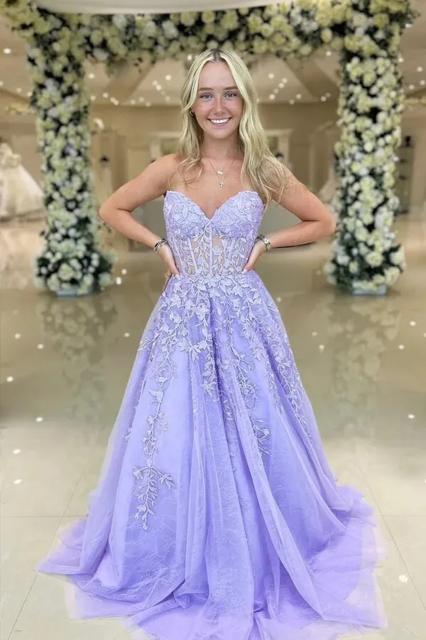 Lavender Tulle A-line Sweetheart Strapless Lace Appliques Prom Dresses, MP935