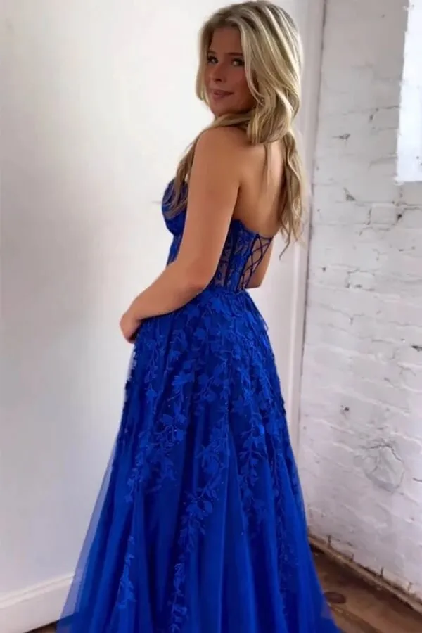 Lavender Tulle A-line Sweetheart Strapless Lace Appliques Prom Dresses, MP935