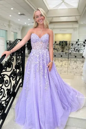Lavender Tulle A-line Sweetheart Strapless Lace Appliques Prom Dresses, MP935