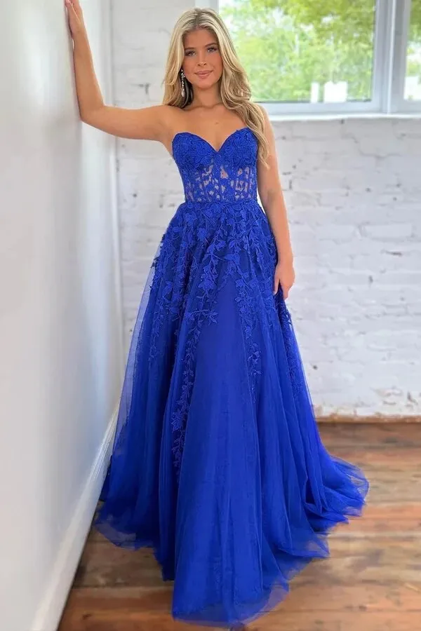 Lavender Tulle A-line Sweetheart Strapless Lace Appliques Prom Dresses, MP935