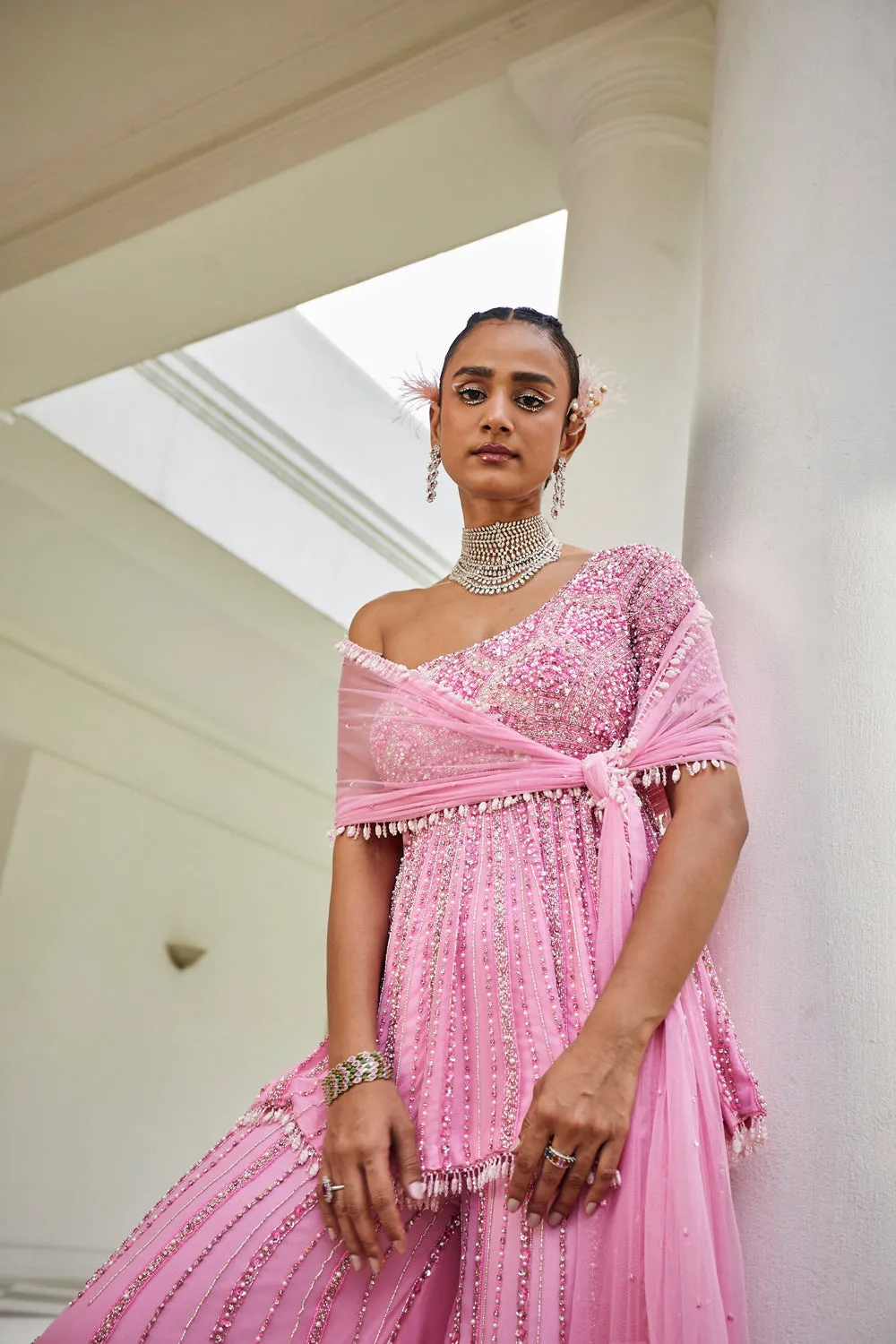 Laverne: Sugar Plum Pink Pearl One Shoulder Peplum & Sharara Set