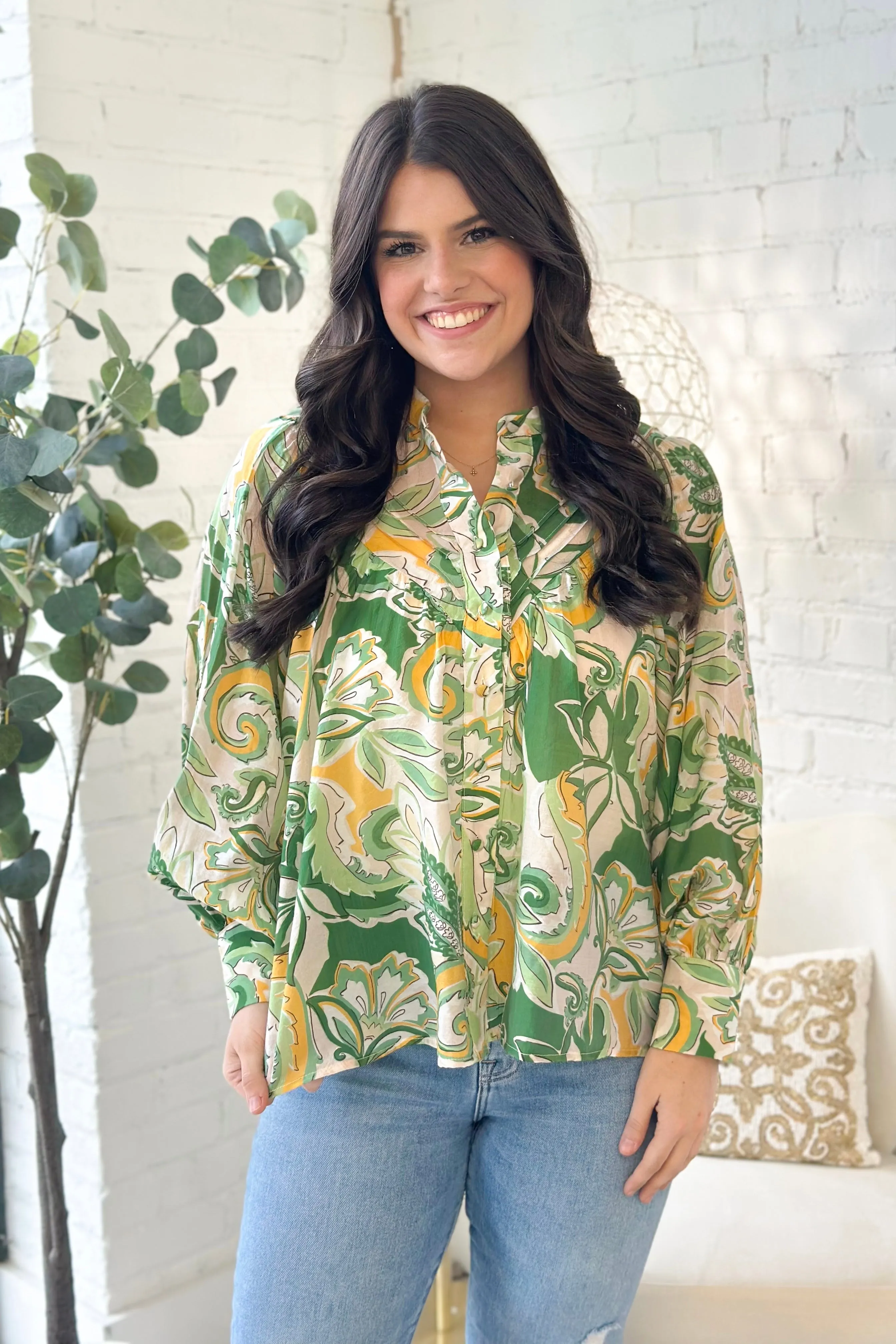 Lemon Grass Printed Button Down Blouse
