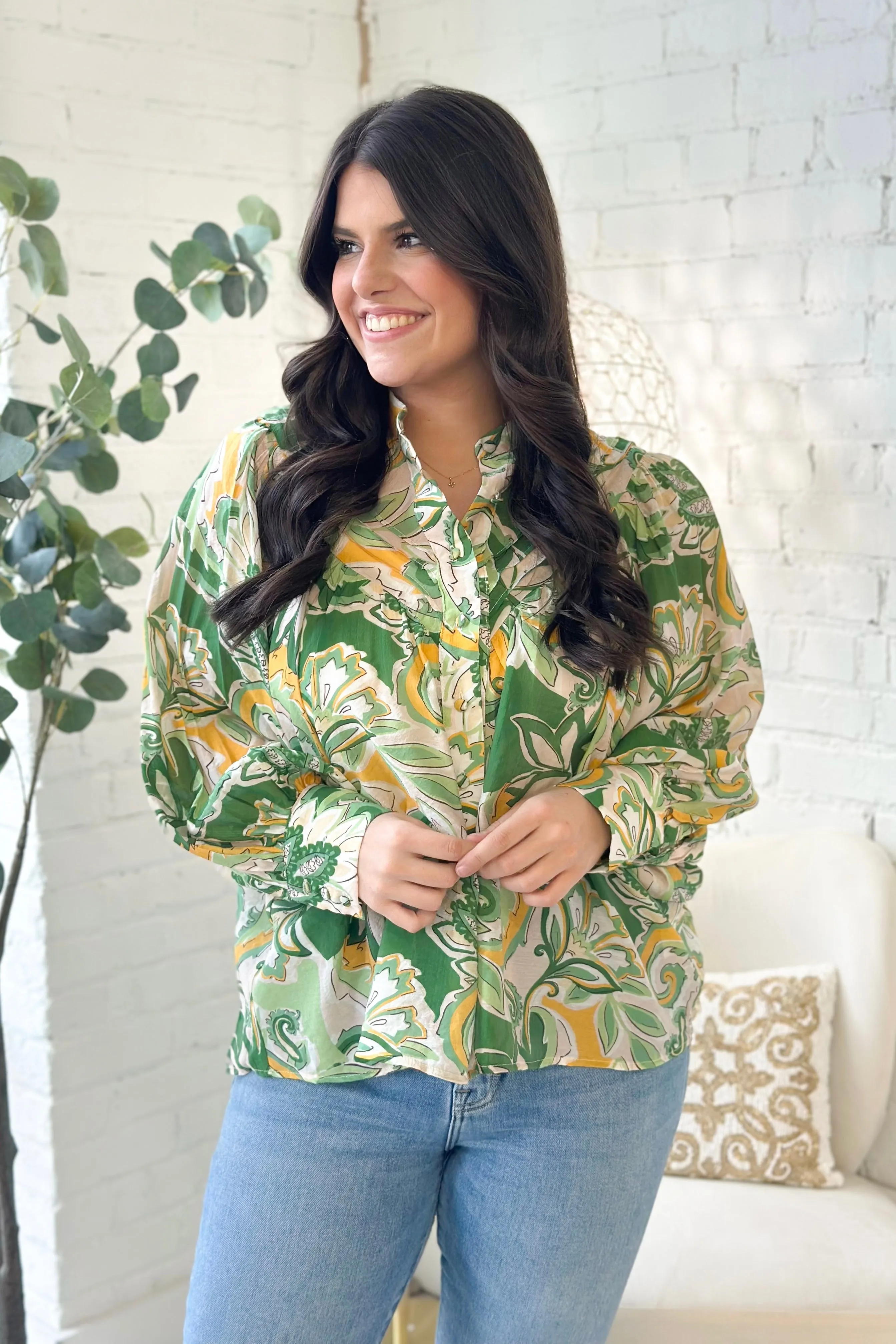 Lemon Grass Printed Button Down Blouse