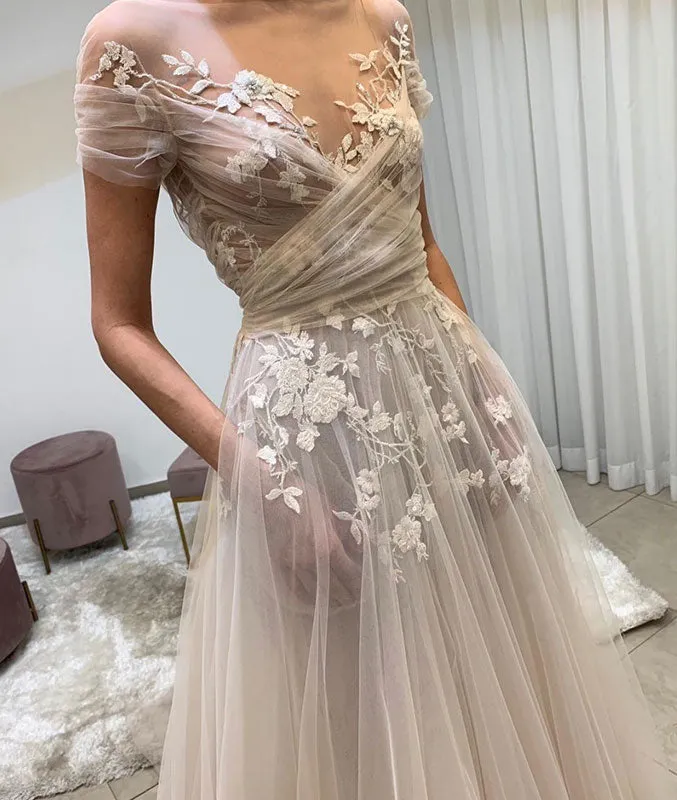Light champagne tulle lace long prom dress, lace evening dress