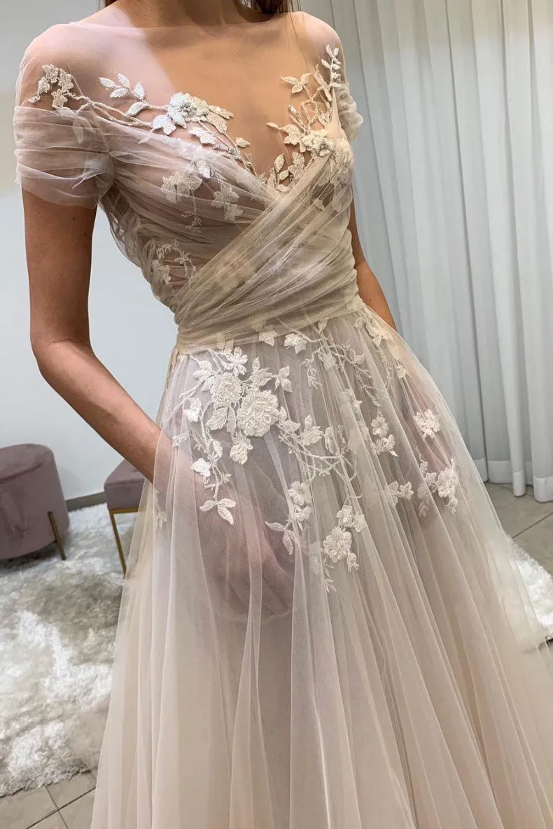Light champagne tulle lace long prom dress, lace evening dress