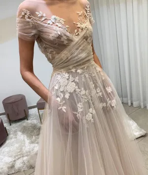Light champagne tulle lace long prom dress, lace evening dress