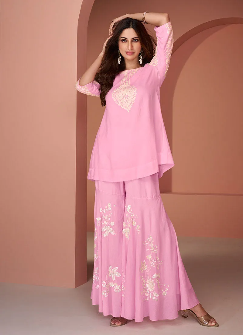 Light Pink Thread And Sequence Embellished Co-Ord Set