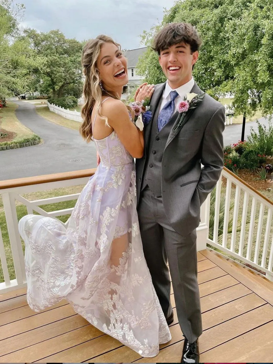 Light purple tulle lace long prom dress purple evening dress
