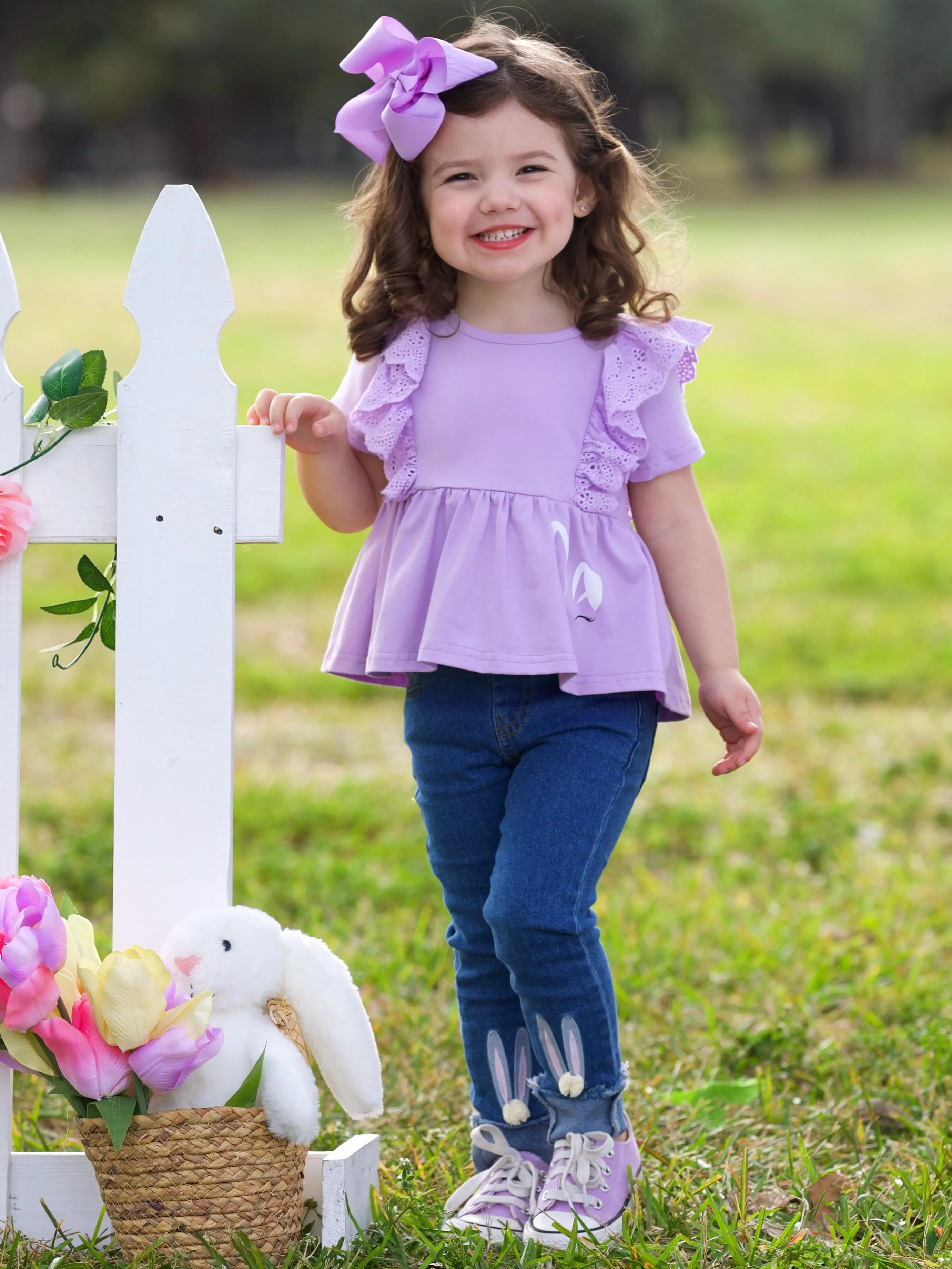 Lilac Love Bunny Top and Embroidered Denim Set