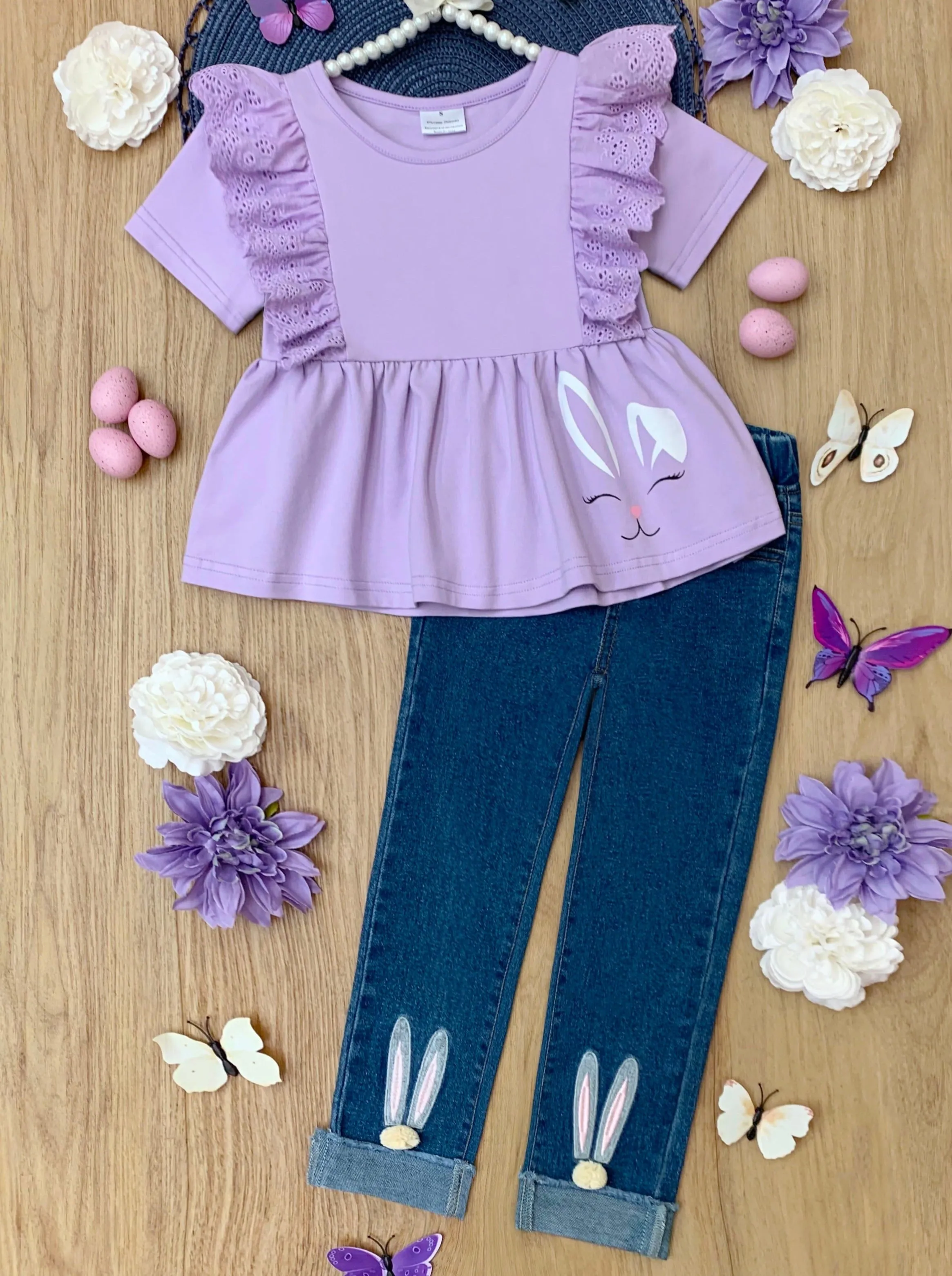 Lilac Love Bunny Top and Embroidered Denim Set