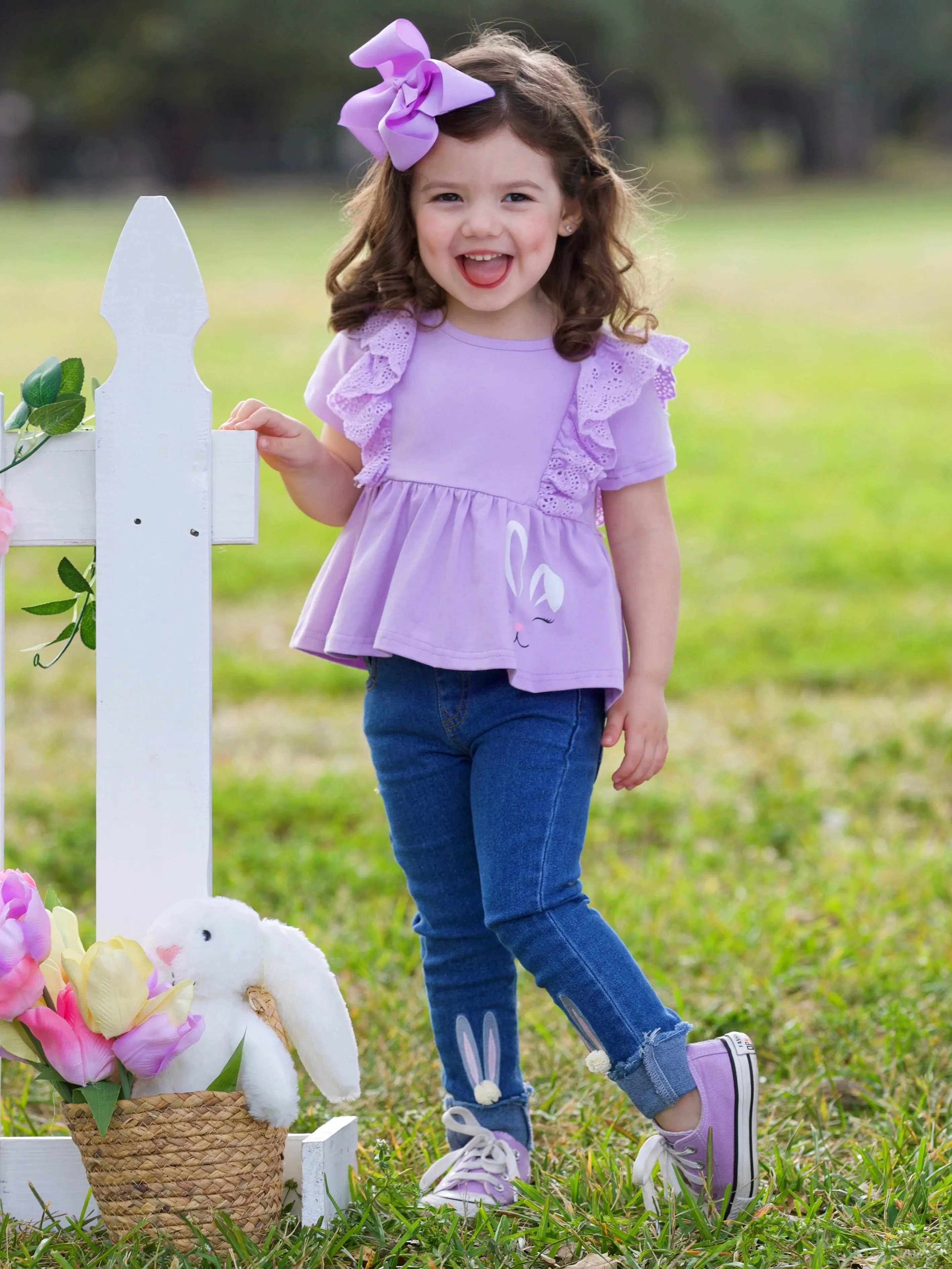Lilac Love Bunny Top and Embroidered Denim Set