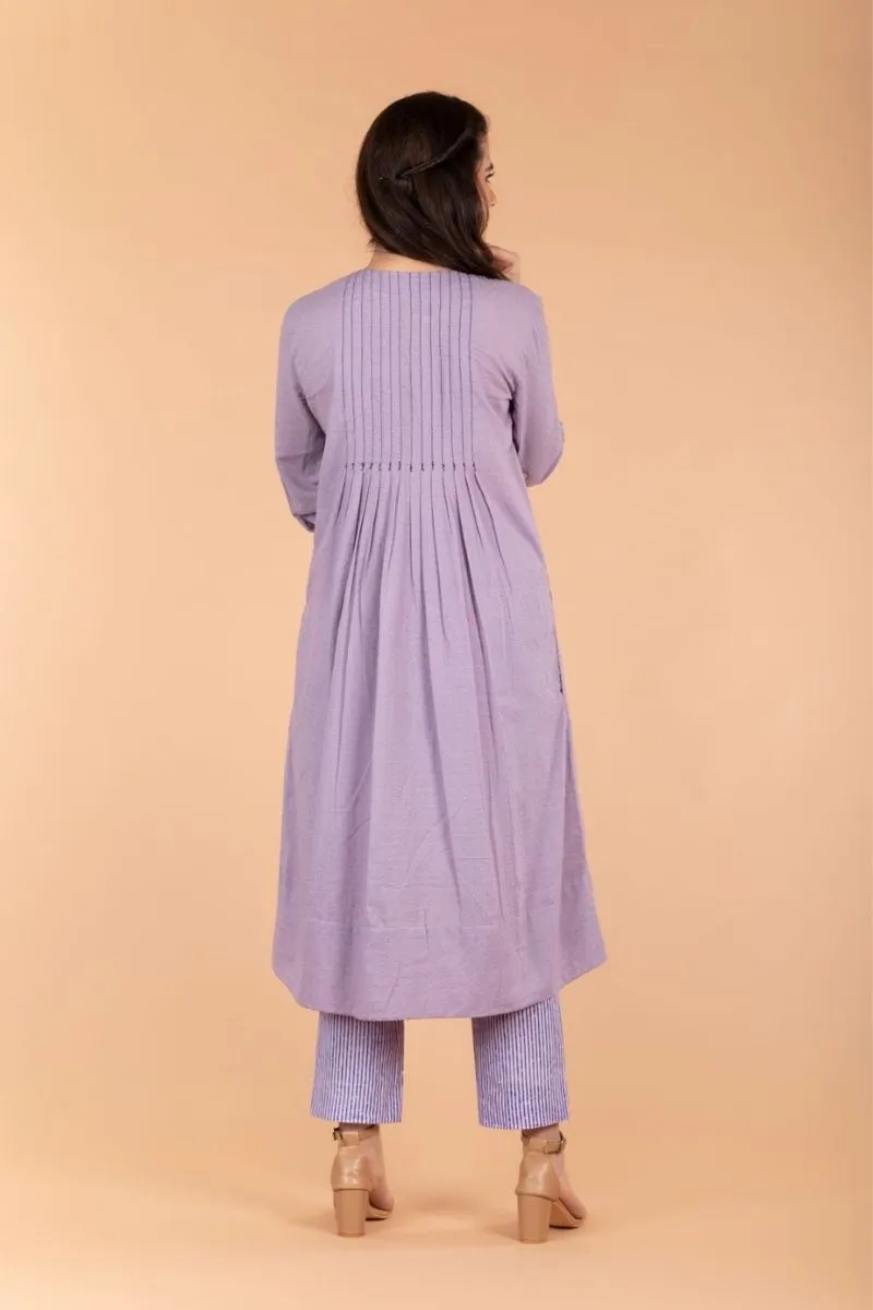 Lilac Swiss Dot Cotton Kurta With Pintucks & Pinstripe Straight Pants (set of 2)