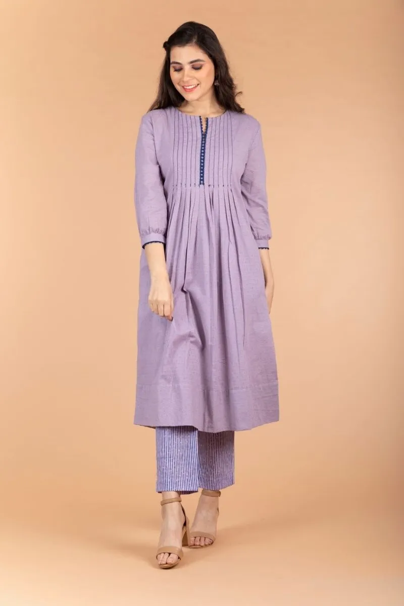 Lilac Swiss Dot Cotton Kurta With Pintucks & Pinstripe Straight Pants (set of 2)