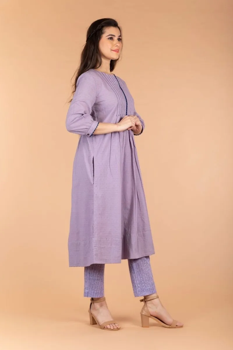 Lilac Swiss Dot Cotton Kurta With Pintucks & Pinstripe Straight Pants (set of 2)