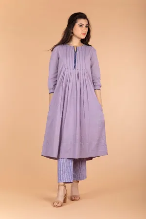 Lilac Swiss Dot Cotton Kurta With Pintucks & Pinstripe Straight Pants (set of 2)