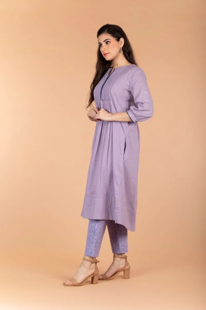 Lilac Swiss Dot Cotton Kurta With Pintucks & Pinstripe Straight Pants (set of 2)