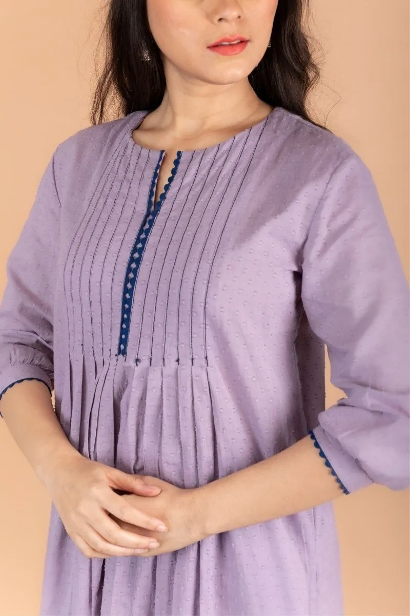 Lilac Swiss Dot Cotton Kurta With Pintucks & Pinstripe Straight Pants (set of 2)