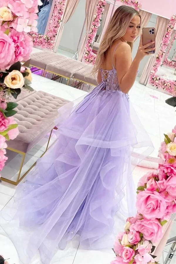 Lilac Tulle A-line V-neck Lace Appliques Long Prom Dresses, Evening Gown, MP739
