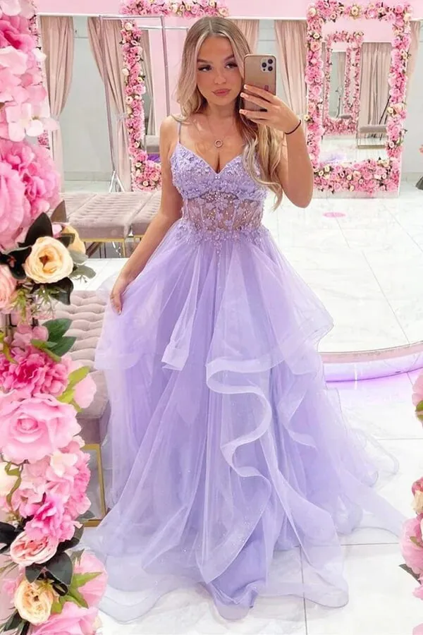 Lilac Tulle A-line V-neck Lace Appliques Long Prom Dresses, Evening Gown, MP739