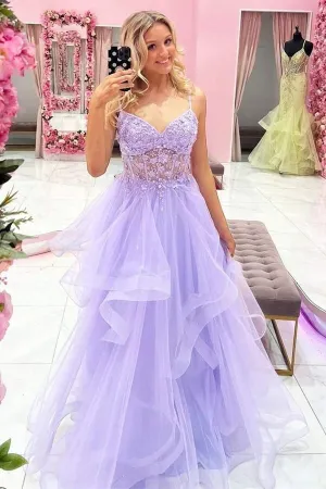 Lilac Tulle A-line V-neck Lace Appliques Long Prom Dresses, Evening Gown, MP739