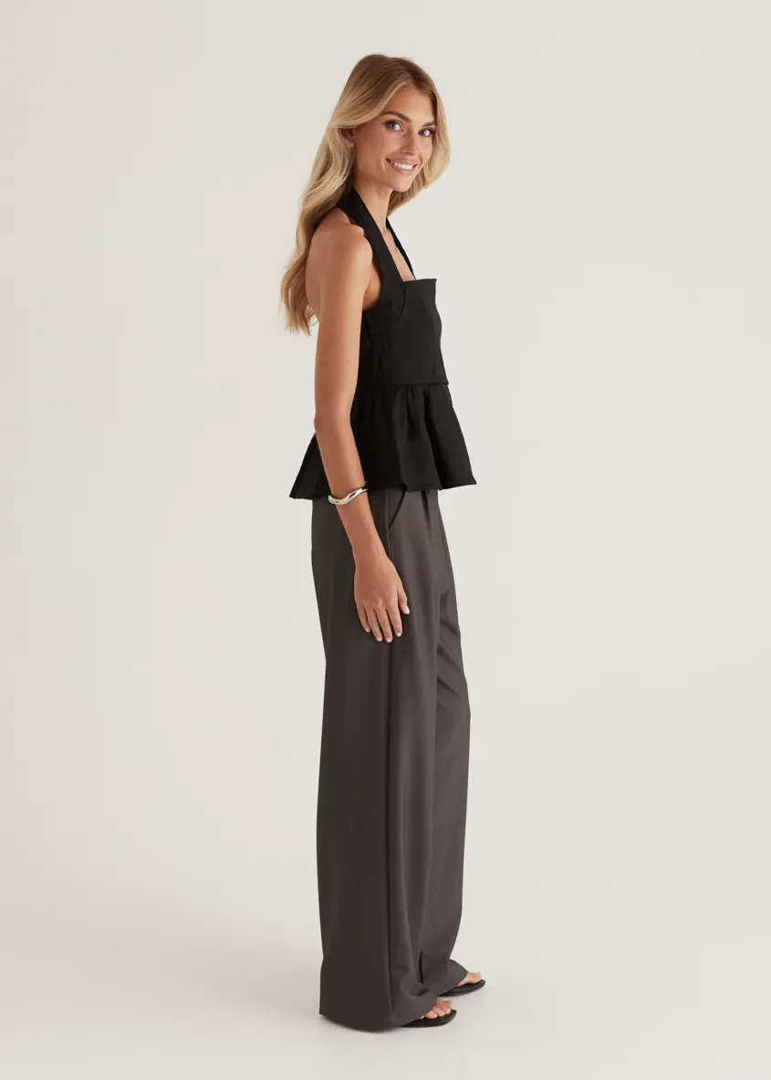 Lilou Halter Linen Top - Black