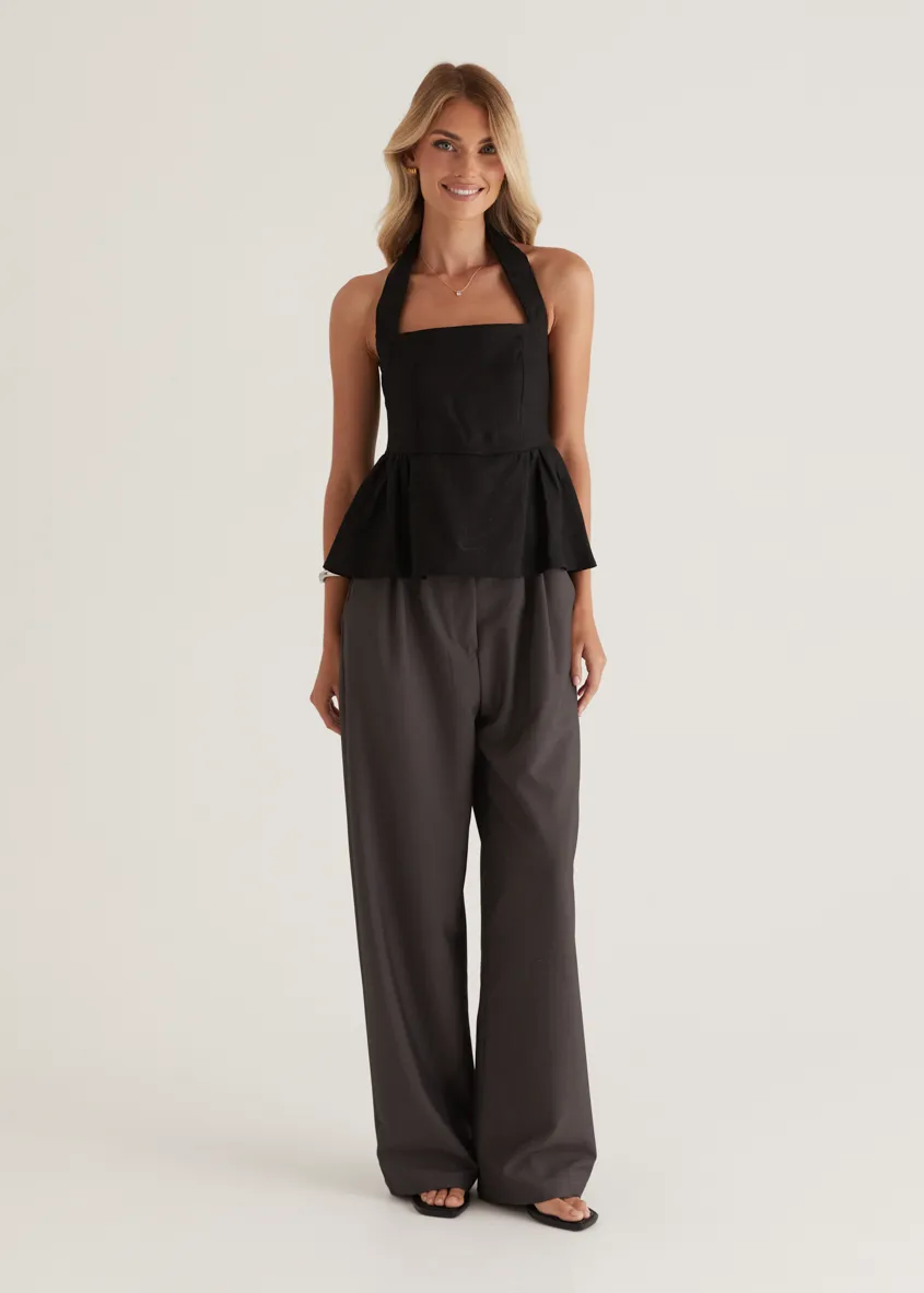 Lilou Halter Linen Top - Black