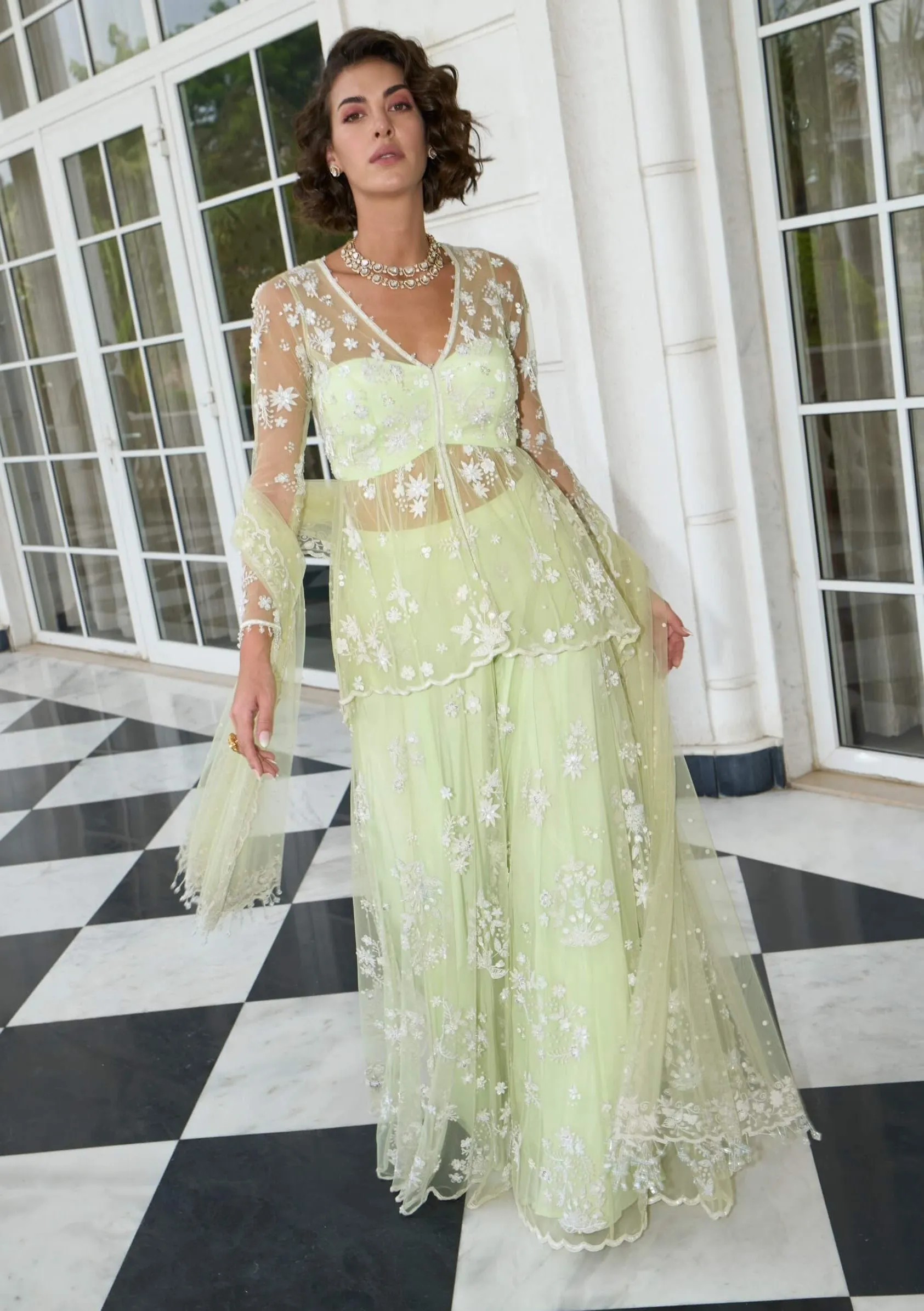 Lime green gathered peplum and sharara set