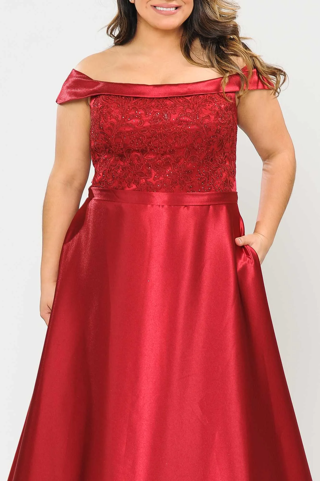 Lindas W1064 Off the Shoulder Embroidery Top Corset Shinny Dress Plus Size
