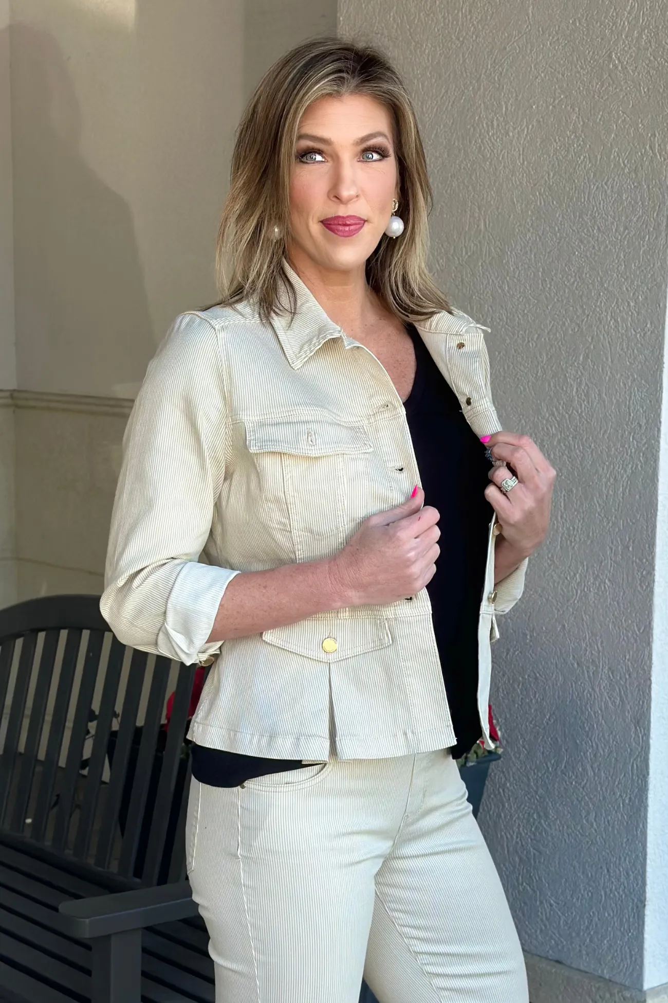 Liverpool Cappuccino Stripe Peplum Denim Jacket