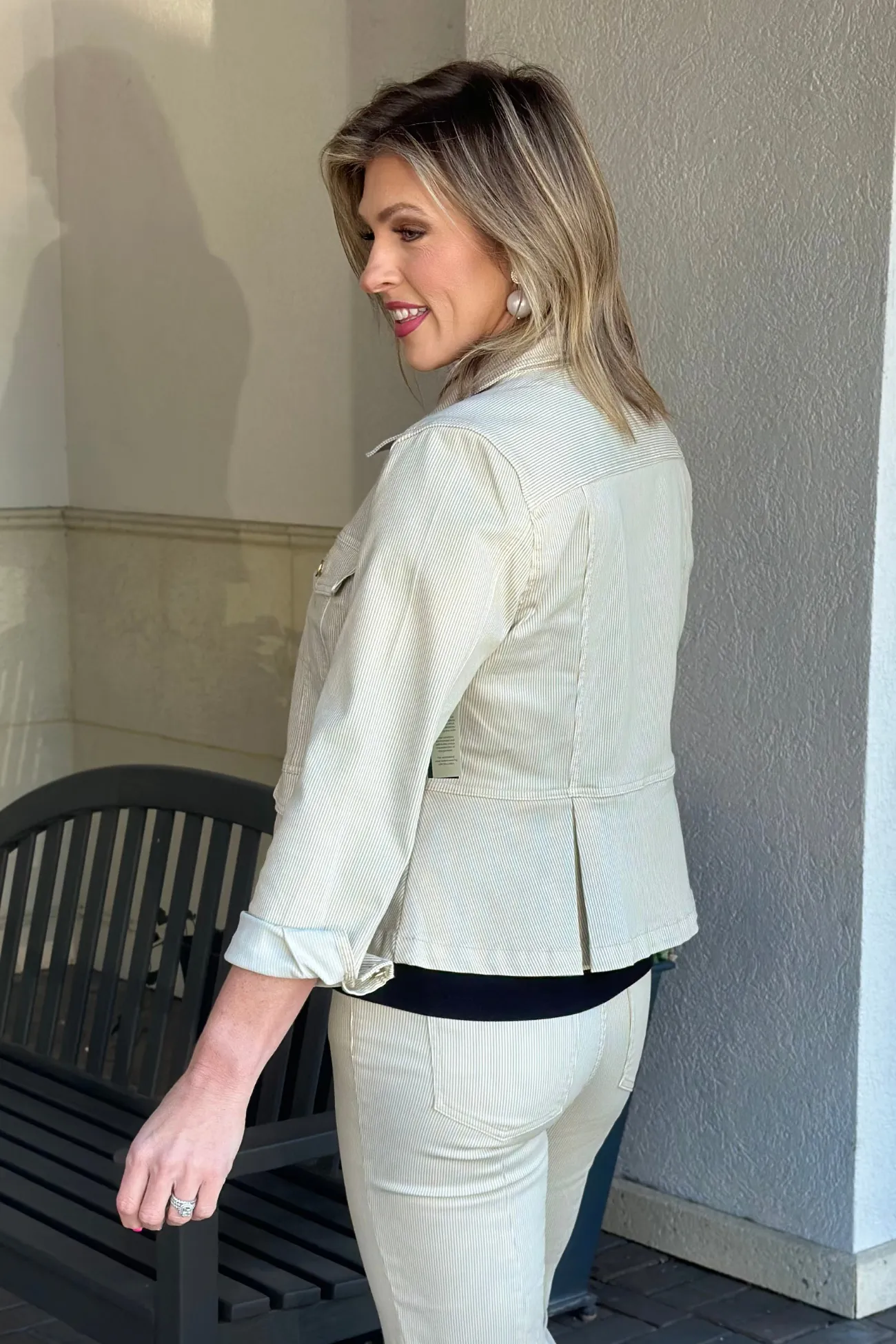 Liverpool Cappuccino Stripe Peplum Denim Jacket