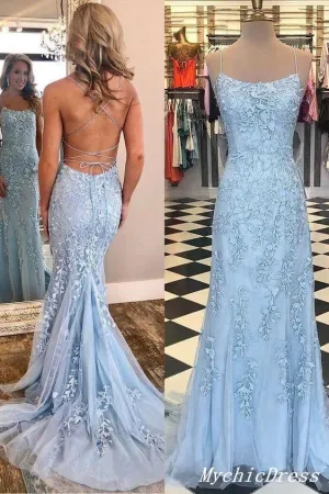 Long Blue Lace Prom Dresses 2024 Mermaid Cross Back Evening Gown