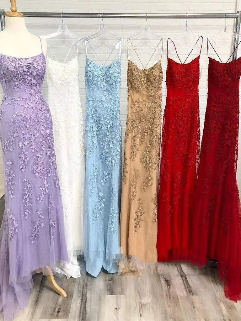 Long Blue Lace Prom Dresses 2024 Mermaid Cross Back Evening Gown