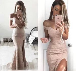 Long Mermaid Lace Prom Dresses Off-the-Shoulder Split Dresses