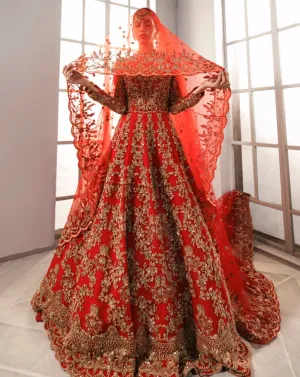 Long Red Frock Lehenga Bridal Pakistani Wedding Dresses