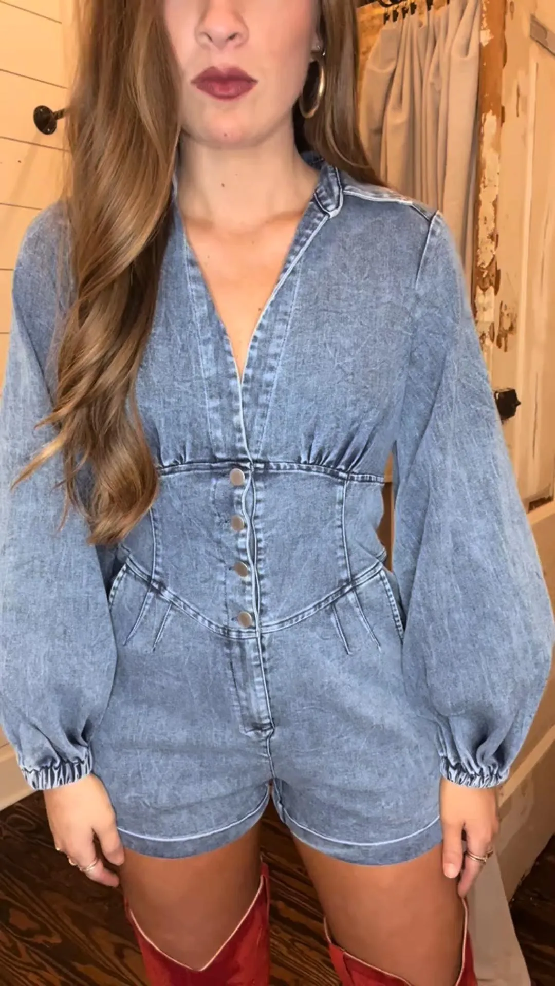 Long Sleeve Button Denim Romper