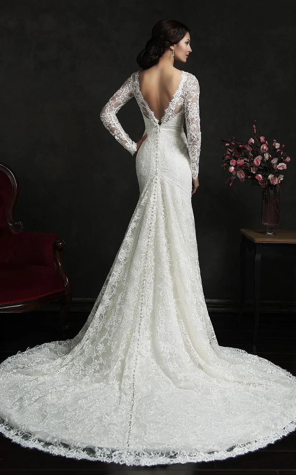 Long Sleeve Illusion Back Mermaid  Lace Dress with Court Train-713568