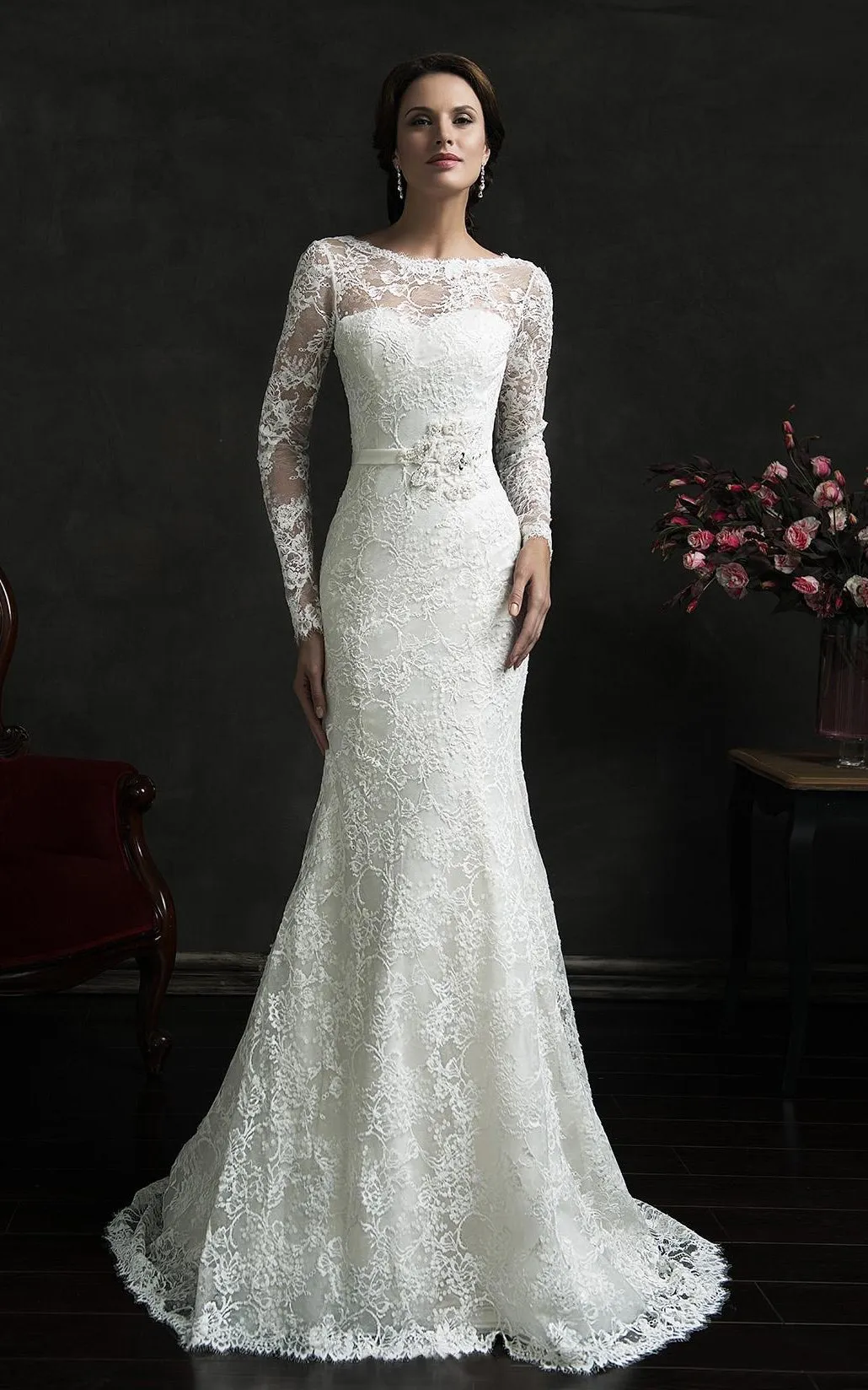 Long Sleeve Illusion Back Mermaid  Lace Dress with Court Train-713568