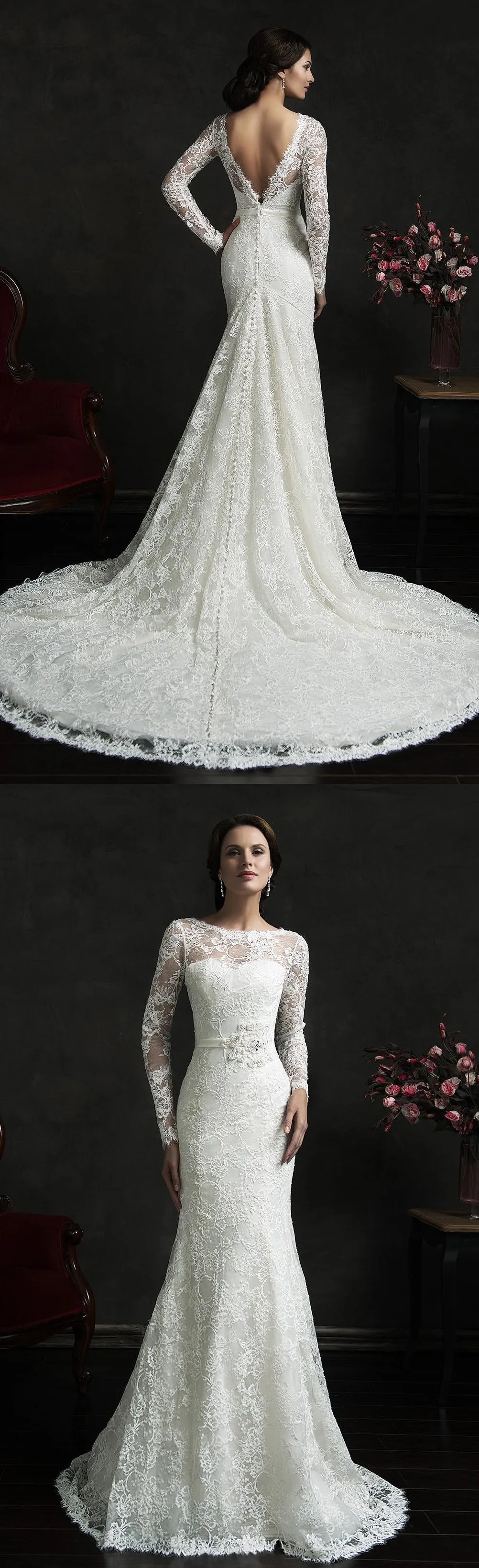 Long Sleeve Illusion Back Mermaid  Lace Dress with Court Train-713568