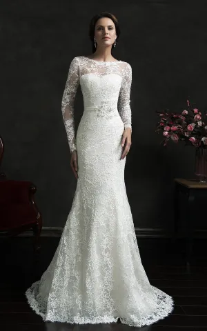 Long Sleeve Illusion Back Mermaid  Lace Dress with Court Train-713568