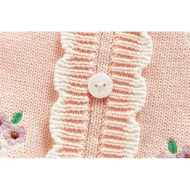 Long Sleeve Knitted Rompers Embroidery Pink