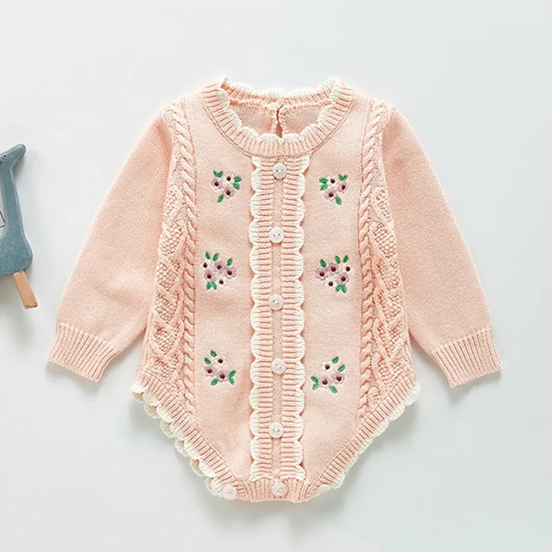Long Sleeve Knitted Rompers Embroidery Pink