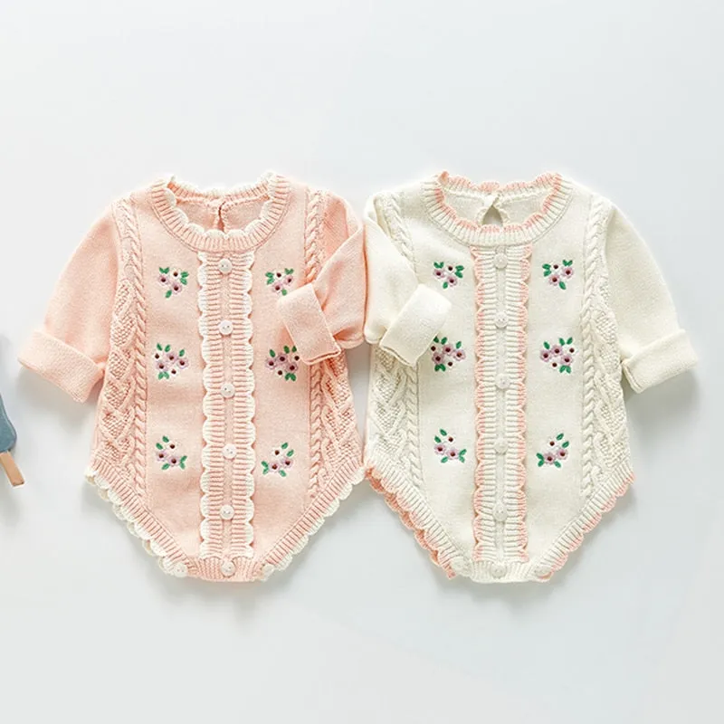 Long Sleeve Knitted Rompers Embroidery Pink