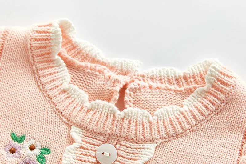Long Sleeve Knitted Rompers Embroidery Pink