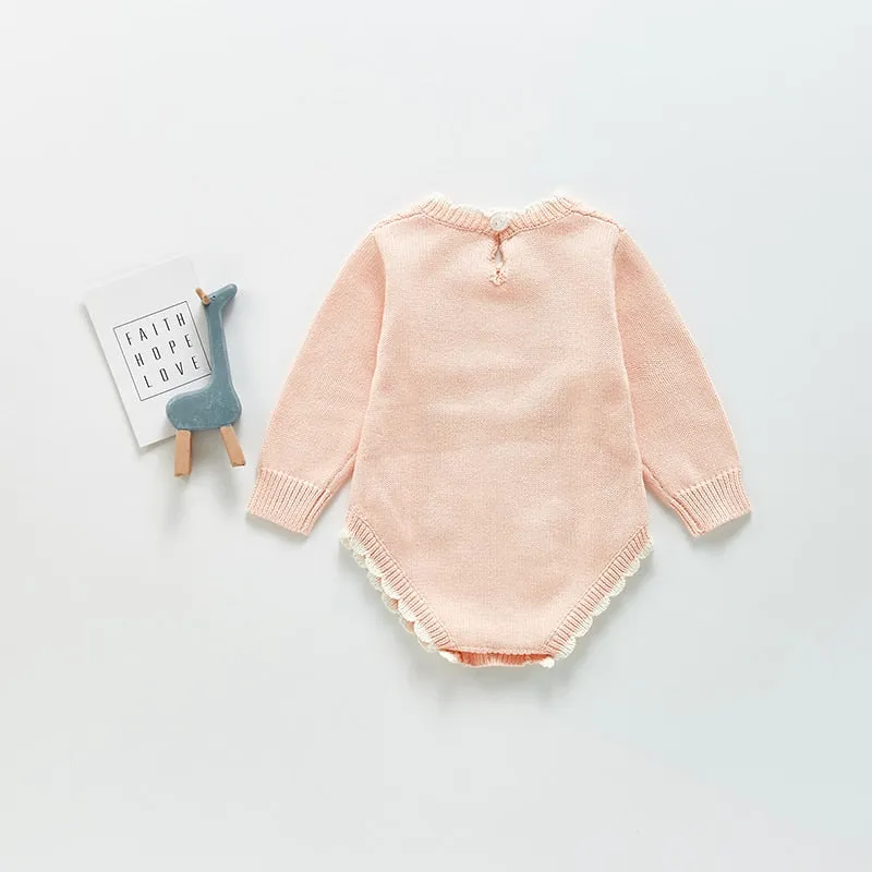 Long Sleeve Knitted Rompers Embroidery Pink