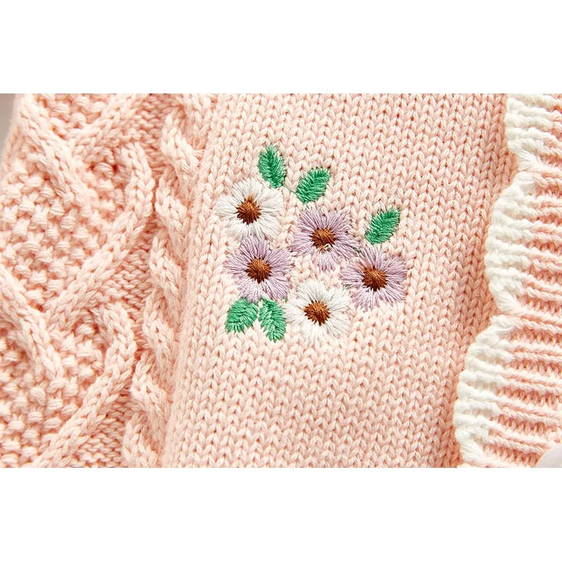 Long Sleeve Knitted Rompers Embroidery Pink