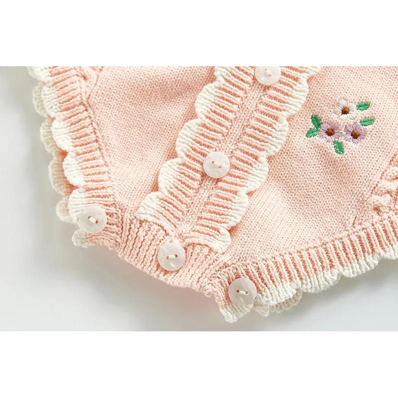 Long Sleeve Knitted Rompers Embroidery Pink
