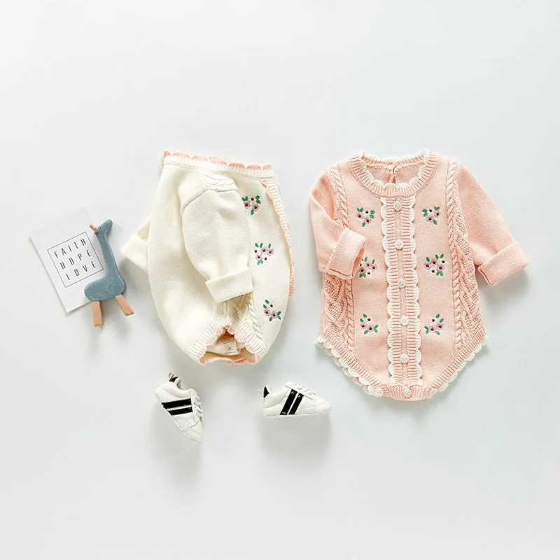 Long Sleeve Knitted Rompers Embroidery Pink