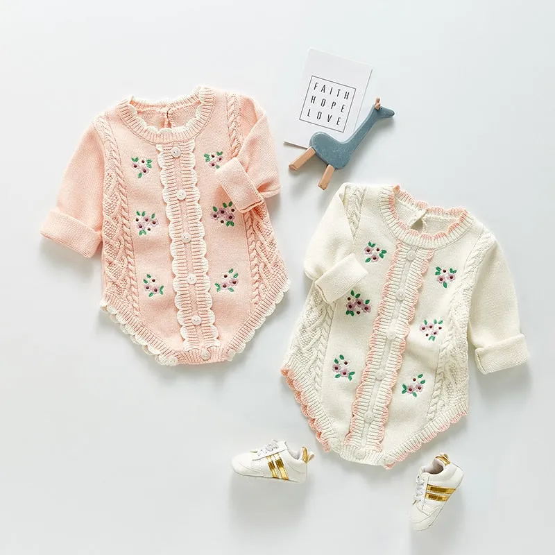 Long Sleeve Knitted Rompers Embroidery Pink