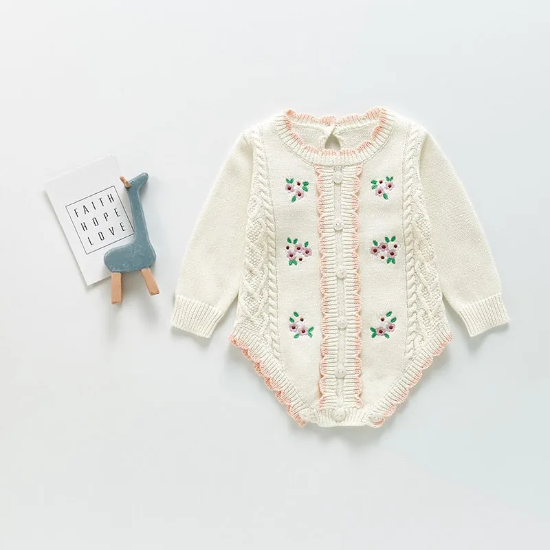 Long Sleeve Knitted Rompers Embroidery White
