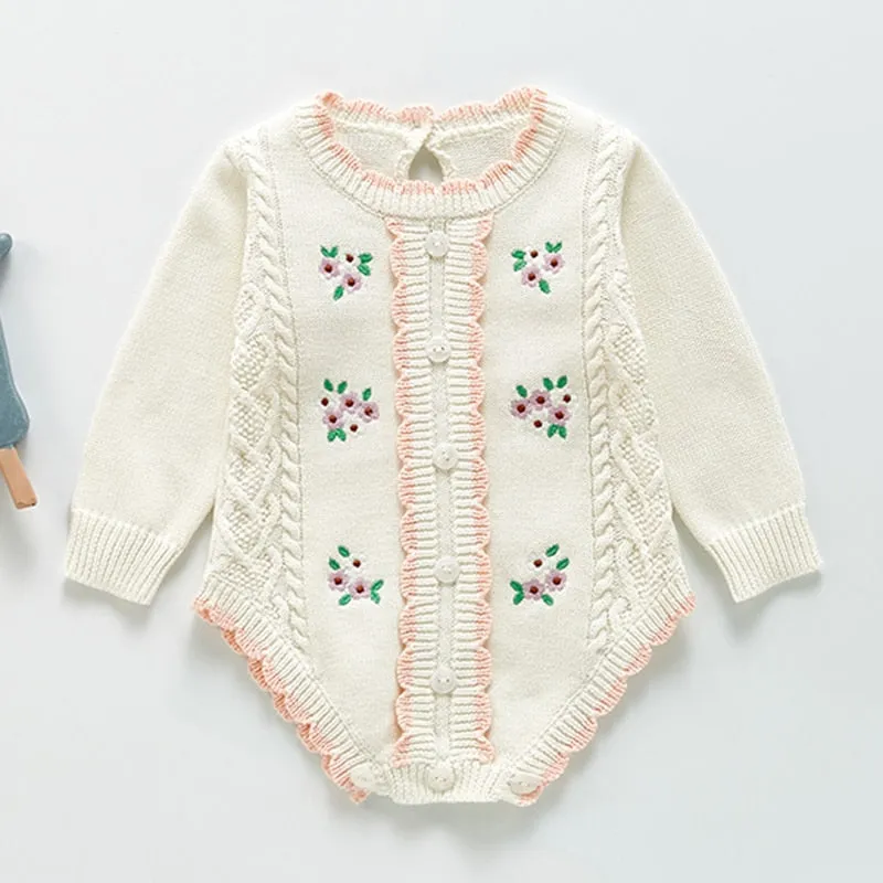 Long Sleeve Knitted Rompers Embroidery White